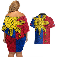 Philippines Sun Batok Tattoo Couples Matching Off Shoulder Short Dress and Hawaiian Shirt Polynesian and Yakan Pattern - Wonder Print Shop