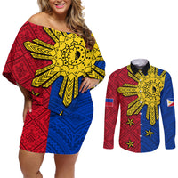 Philippines Sun Batok Tattoo Couples Matching Off Shoulder Short Dress and Long Sleeve Button Shirt Polynesian and Yakan Pattern - Wonder Print Shop
