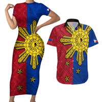 Philippines Sun Batok Tattoo Couples Matching Short Sleeve Bodycon Dress and Hawaiian Shirt Polynesian and Yakan Pattern - Wonder Print Shop