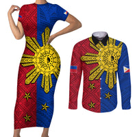 Philippines Sun Batok Tattoo Couples Matching Short Sleeve Bodycon Dress and Long Sleeve Button Shirt Polynesian and Yakan Pattern - Wonder Print Shop