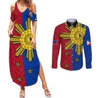 Philippines Sun Batok Tattoo Couples Matching Summer Maxi Dress and Long Sleeve Button Shirt Polynesian and Yakan Pattern - Wonder Print Shop