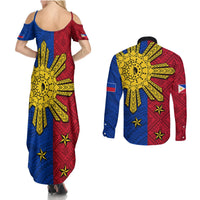 Philippines Sun Batok Tattoo Couples Matching Summer Maxi Dress and Long Sleeve Button Shirt Polynesian and Yakan Pattern - Wonder Print Shop