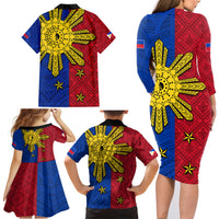 Philippines Sun Batok Tattoo Family Matching Long Sleeve Bodycon Dress and Hawaiian Shirt Polynesian and Yakan Pattern - Wonder Print Shop