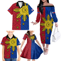 Philippines Sun Batok Tattoo Family Matching Off The Shoulder Long Sleeve Dress and Hawaiian Shirt Polynesian and Yakan Pattern - Wonder Print Shop