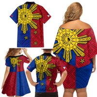 Philippines Sun Batok Tattoo Family Matching Off Shoulder Short Dress and Hawaiian Shirt Polynesian and Yakan Pattern - Wonder Print Shop
