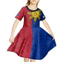 Philippines Sun Batok Tattoo Kid Short Sleeve Dress Polynesian and Yakan Pattern - Wonder Print Shop