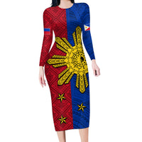 Philippines Sun Batok Tattoo Long Sleeve Bodycon Dress Polynesian and Yakan Pattern - Wonder Print Shop