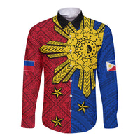 Philippines Sun Batok Tattoo Long Sleeve Button Shirt Polynesian and Yakan Pattern - Wonder Print Shop