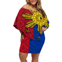 Philippines Sun Batok Tattoo Off Shoulder Short Dress Polynesian and Yakan Pattern - Wonder Print Shop