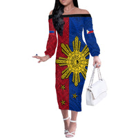 Philippines Sun Batok Tattoo Off The Shoulder Long Sleeve Dress Polynesian and Yakan Pattern - Wonder Print Shop