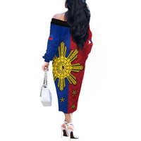 Philippines Sun Batok Tattoo Off The Shoulder Long Sleeve Dress Polynesian and Yakan Pattern - Wonder Print Shop