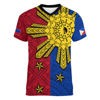 Philippines Sun Batok Tattoo Women V-Neck T-Shirt Polynesian and Yakan Pattern - Wonder Print Shop