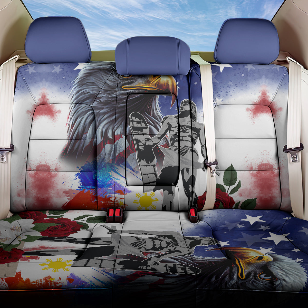 Philippines and American Together Back Car Seat Cover Filipino Lapulapu and Bald Eagle