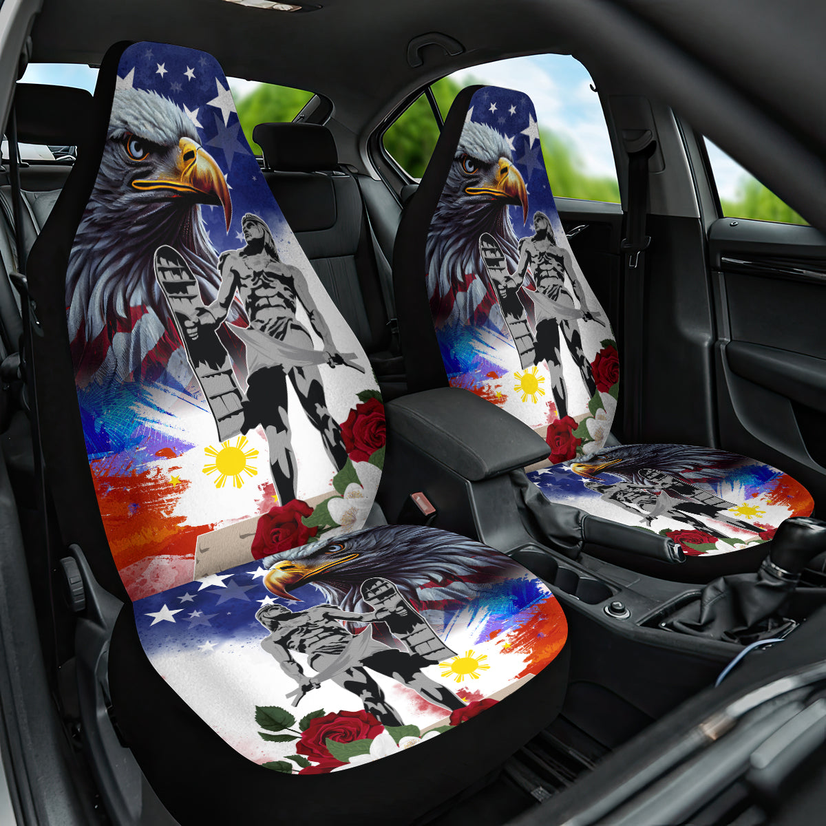 Philippines and American Together Car Seat Cover Filipino Lapulapu and Bald Eagle