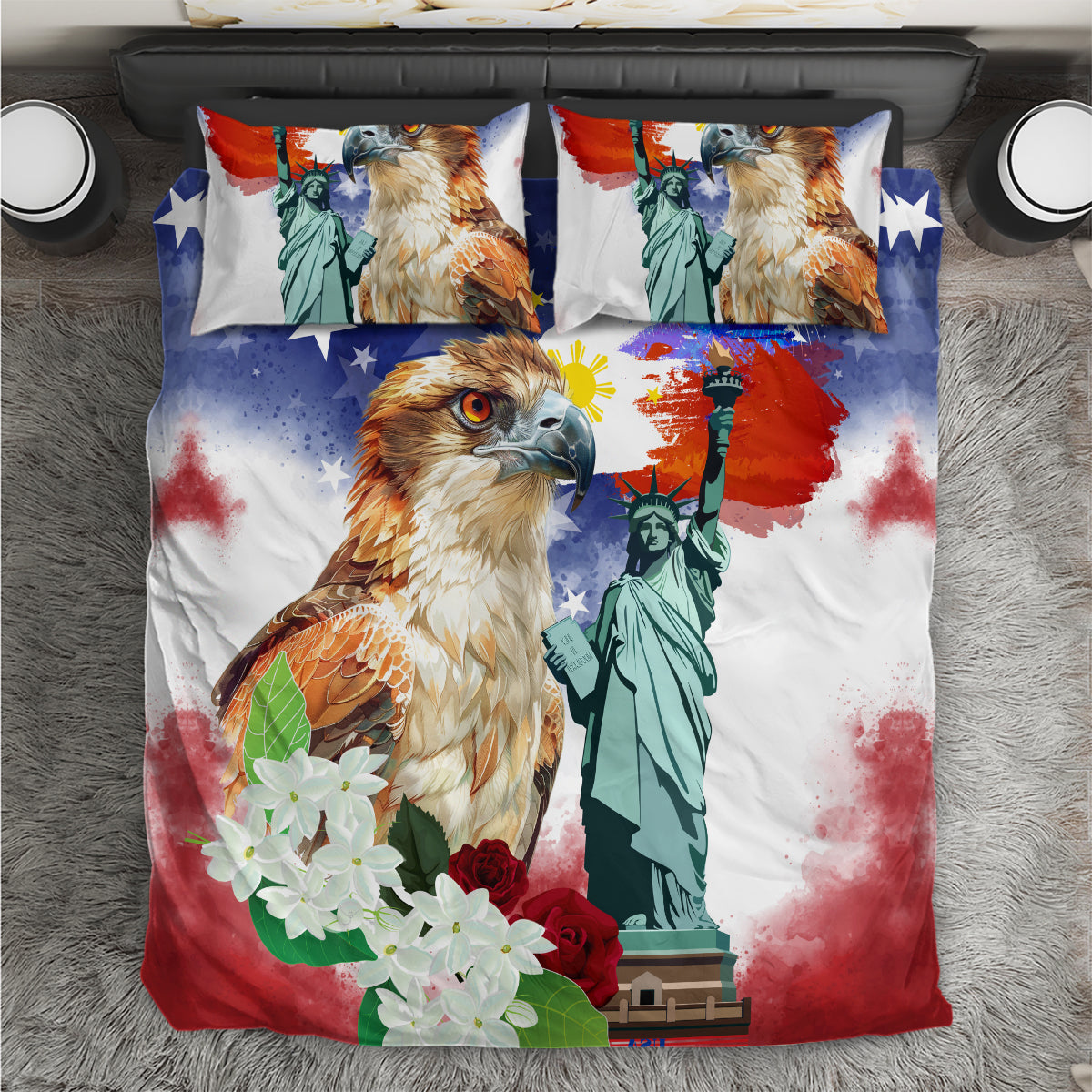 Philippines and American Together Bedding Set Filipino Eagle and Statue of Liberty