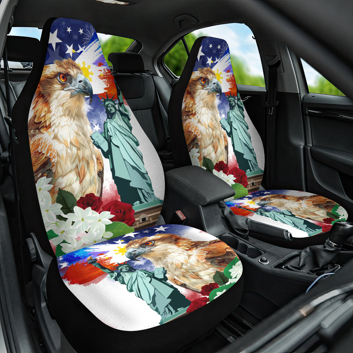 Philippines and American Together Car Seat Cover Filipino Eagle and Statue of Liberty