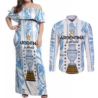Custom Argentina Champion Football 2024 Couples Matching Off Shoulder Maxi Dress and Long Sleeve Button Shirt La Albiceleste Campeon de America - Wonder Print Shop
