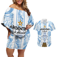 Custom Argentina Champion Football 2024 Couples Matching Off Shoulder Short Dress and Hawaiian Shirt La Albiceleste Campeon de America - Wonder Print Shop