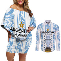 Custom Argentina Champion Football 2024 Couples Matching Off Shoulder Short Dress and Long Sleeve Button Shirt La Albiceleste Campeon de America - Wonder Print Shop