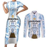 Custom Argentina Champion Football 2024 Couples Matching Short Sleeve Bodycon Dress and Long Sleeve Button Shirt La Albiceleste Campeon de America - Wonder Print Shop