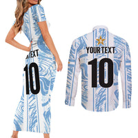 Custom Argentina Champion Football 2024 Couples Matching Short Sleeve Bodycon Dress and Long Sleeve Button Shirt La Albiceleste Campeon de America - Wonder Print Shop