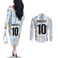 Custom Argentina Football Couples Matching Off The Shoulder Long Sleeve Dress and Long Sleeve Button Shirt Vamos La Albiceleste Camouflage Style