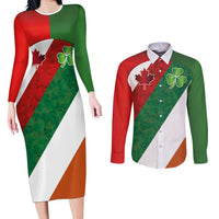 Custom Canada and Ireland Couples Matching Long Sleeve Bodycon Dress and Long Sleeve Button Shirt Shamrocks and Maple Leaves