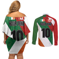 Custom Canada and Ireland Couples Matching Off Shoulder Short Dress and Long Sleeve Button Shirt Shamrocks and Maple Leaves