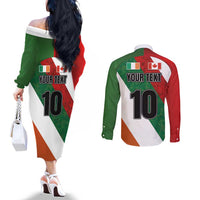 Custom Canada and Ireland Couples Matching Off The Shoulder Long Sleeve Dress and Long Sleeve Button Shirt Shamrocks and Maple Leaves