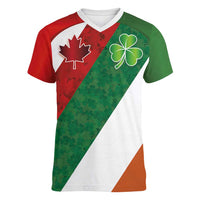 Custom Canada and Ireland Women V-Neck T-Shirt Shamrocks and Maple Leaves