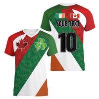 Custom Canada and Ireland Women V-Neck T-Shirt Shamrocks and Maple Leaves