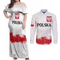 Personalized Polish National Flag Day Couples Matching Off Shoulder Maxi Dress and Long Sleeve Button Shirt Polska White Eagle Grunge Style