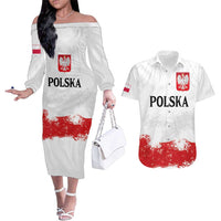 Personalized Polish National Flag Day Couples Matching Off The Shoulder Long Sleeve Dress and Hawaiian Shirt Polska White Eagle Grunge Style