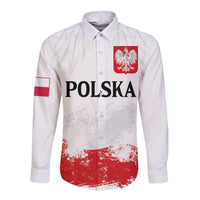 Personalized Polish National Flag Day Long Sleeve Button Shirt Polska White Eagle Grunge Style