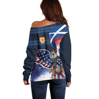 Scottish-American Heritage Month Off Shoulder Sweater USA Eagle with Scottish Traditional Costume