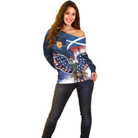 Scottish-American Heritage Month Off Shoulder Sweater USA Eagle with Scottish Traditional Costume