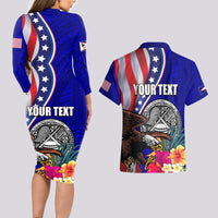 Personalised American Samoa and United States Couples Matching Long Sleeve Bodycon Dress and Hawaiian Shirt Bald Eagle and Seal Hibiscus Polynesian Pattern - Wonder Print Shop