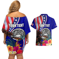 Personalised American Samoa and United States Couples Matching Off Shoulder Short Dress and Hawaiian Shirt Bald Eagle and Seal Hibiscus Polynesian Pattern - Wonder Print Shop