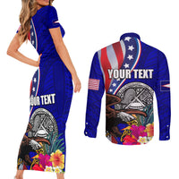 Personalised American Samoa and United States Couples Matching Short Sleeve Bodycon Dress and Long Sleeve Button Shirt Bald Eagle and Seal Hibiscus Polynesian Pattern - Wonder Print Shop
