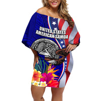 Personalised American Samoa and United States Family Matching Off Shoulder Short Dress and Hawaiian Shirt Bald Eagle and Seal Hibiscus Polynesian Pattern - Wonder Print Shop