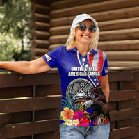 Personalised American Samoa and United States Women Polo Shirt Bald Eagle and Seal Hibiscus Polynesian Pattern - Wonder Print Shop