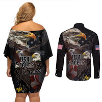 American Eagles Couples Matching Off Shoulder Short Dress and Long Sleeve Button Shirt United States Flag Vintage Style - Wonder Print Shop