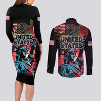 United States Independence Day Couples Matching Long Sleeve Bodycon Dress and Long Sleeve Button Shirt The 4th of July Statue of Liberty Retro Style - Wonder Print Shop