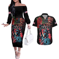 United States Independence Day Couples Matching Off The Shoulder Long Sleeve Dress and Hawaiian Shirt The 4th of July Statue of Liberty Retro Style - Wonder Print Shop