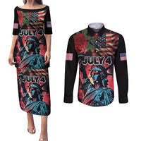 United States Independence Day Couples Matching Puletasi and Long Sleeve Button Shirt The 4th of July Statue of Liberty Retro Style - Wonder Print Shop