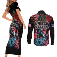 United States Independence Day Couples Matching Short Sleeve Bodycon Dress and Long Sleeve Button Shirt The 4th of July Statue of Liberty Retro Style - Wonder Print Shop