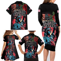 United States Independence Day Family Matching Long Sleeve Bodycon Dress and Hawaiian Shirt The 4th of July Statue of Liberty Retro Style - Wonder Print Shop