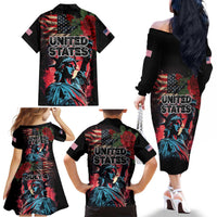 United States Independence Day Family Matching Off The Shoulder Long Sleeve Dress and Hawaiian Shirt The 4th of July Statue of Liberty Retro Style - Wonder Print Shop