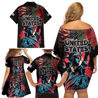 United States Independence Day Family Matching Off Shoulder Short Dress and Hawaiian Shirt The 4th of July Statue of Liberty Retro Style - Wonder Print Shop
