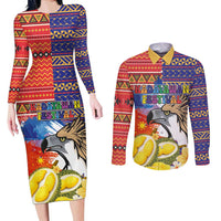 Philippines Kadayawan Couples Matching Long Sleeve Bodycon Dress and Long Sleeve Button Shirt Filipino Eagle Durian with Polynesian and Igorots Pattern - Wonder Print Shop